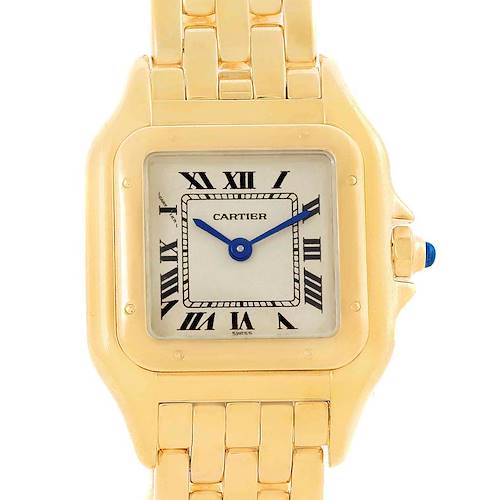 The image shows a front view of the Cartier Panthere W25022B9 Women's Yellow Gold Silver Dial W25022B9 Women's Yellow Gold Silver Dial watch, highlighting the gold case, bracelet, and Roman numeral dial.