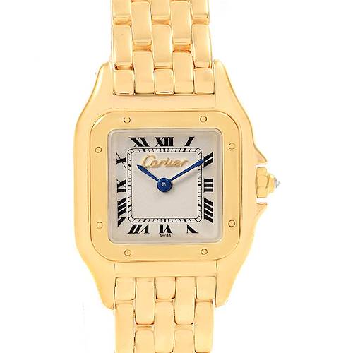 The image shows a front view of a Cartier Panthere W25022B9 Women's Yellow Gold Silver Dial W25022B9 Women's Yellow Gold Silver Dial watch highlighting its dial, bezel, and part of its gold bracelet.