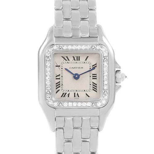 This is a head-on view of the Cartier Panthere WF3091F3 Women's White Gold Silver Dial WF3091F3 Women's White Gold Silver Dial model watch, including its face, bezel, and part of the bracelet.