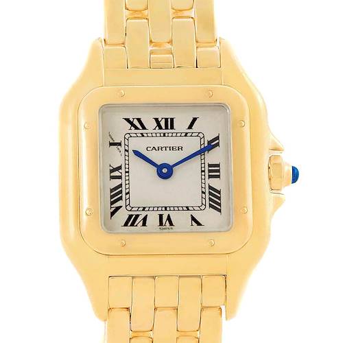 The image shows a front view of a Cartier Panthere W25022B9 Women's Yellow Gold Silver Dial W25022B9 Women's Yellow Gold Silver Dial watch, highlighting its square face, Roman numerals, blue hands, and gold bracelet.