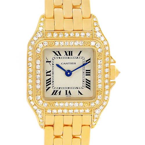 The Cartier Panthere WF3072B9 Women's Yellow Gold Silver Dial WF3072B9 Women's Yellow Gold Silver Dial model watch is shown in a close-up, front view, highlighting its gold case, diamond bezel, and Roman numeral dial.