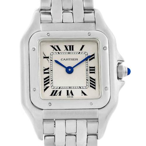 The image shows a front view of the Cartier Panthere W25033P5 Women's Stainless Steel Silver Dial W25033P5 Women's Stainless Steel Silver Dial watch, displaying the dial, bezel, bracelet, and crown.
