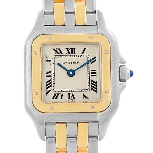 This image shows a close-up of the dial and part of the bracelet of a Cartier Panthere W25029B6 Women's Stainless Steel Silver Dial W25029B6 Women's Stainless Steel Silver Dial watch.