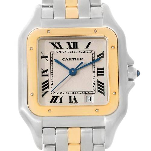 The image shows a front view of a Cartier Panthere W25028B5 Steel and Gold (two tone) Silver Dial W25028B5 Steel and Gold (two tone) Silver Dial watch, highlighting the square dial, Roman numerals, two-tone bracelet, and date display.