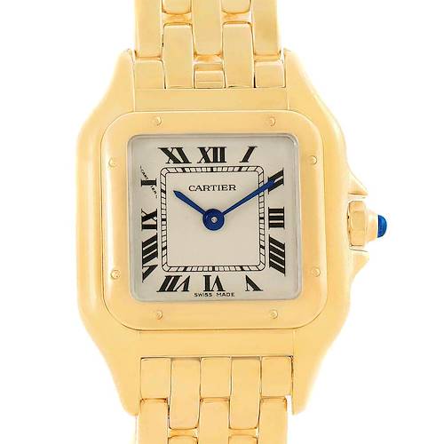 The image shows a frontal view of a Cartier Panthere W25022B9 Women's Yellow Gold Silver Dial W25022B9 Women's Yellow Gold Silver Dial watch, highlighting its square dial, Roman numerals, and gold bracelet.