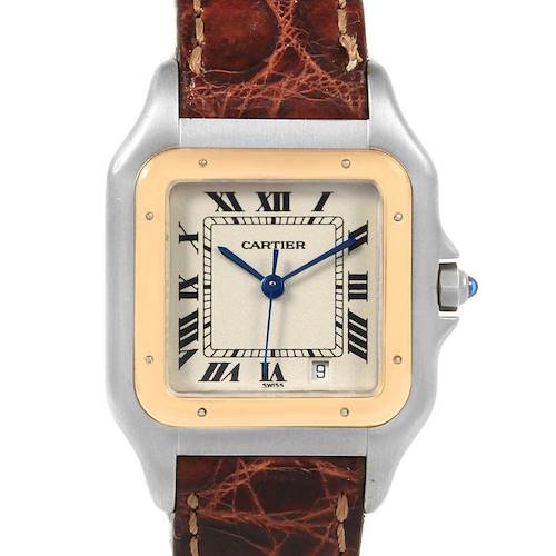 The image shows a Cartier Panthère watch face-on, highlighting the square dial, Roman numerals, leather strap, and blue hands.