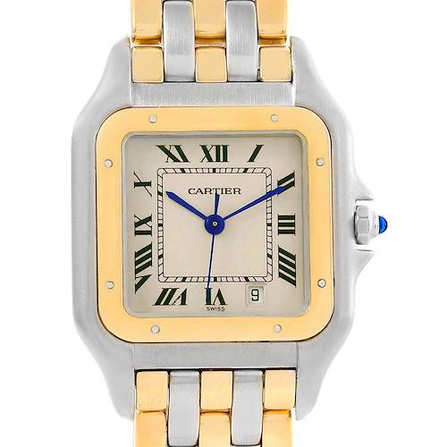 The image shows the face and part of the bracelet of a Cartier Panthere W25028B6 Steel and Gold (two tone) Silver Dial W25028B6 Steel and Gold (two tone) Silver Dial watch.