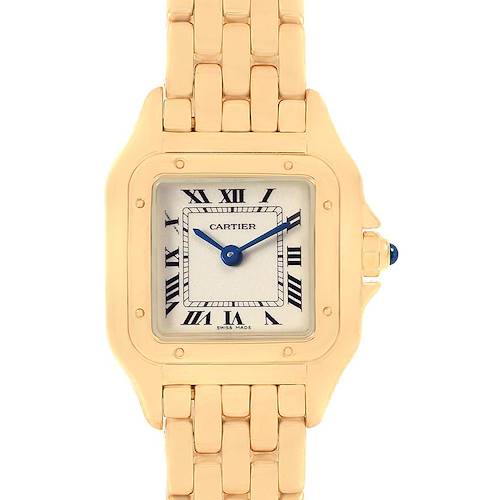 This image shows a front view of a Cartier Panthere W25022B9 Women's Yellow Gold Silver Dial W25022B9 Women's Yellow Gold Silver Dial watch, featuring its face and a portion of its bracelet.