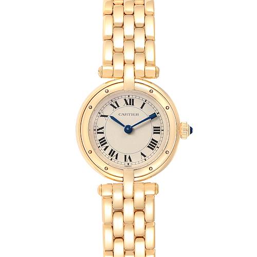 The image shows a top-down view of a Cartier Panthere 6692 Women's Yellow Gold Silver Dial 6692 Women's Yellow Gold Silver Dial model watch, focusing on its face, bezel, and part of the bracelet.