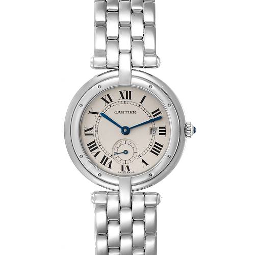 The image shows a front view of a Cartier Panthere 0029 Women's White Gold Silver Dial 0029 Women's White Gold Silver Dial model watch, highlighting its dial and metallic bracelet.