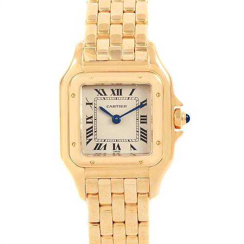 This image shows a front view of a Cartier Panthere W25022B9 Women's Yellow Gold Silver Dial W25022B9 Women's Yellow Gold Silver Dial watch, featuring its dial, case, and bracelet.