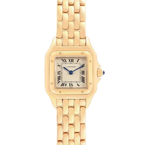 This image shows a front view of the Cartier Panthere W25022B9 Women's Yellow Gold Silver Dial W25022B9 Women's Yellow Gold Silver Dial model watch, displaying its face, hands, and gold bracelet.