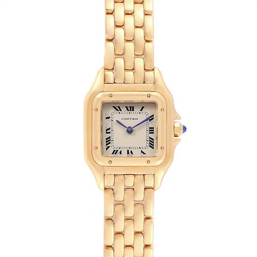 The image shows a frontal view of a gold Cartier Panthere W25022B9 Women's Yellow Gold Silver Dial W25022B9 Women's Yellow Gold Silver Dial watch, displaying its face, case, and part of the bracelet.
