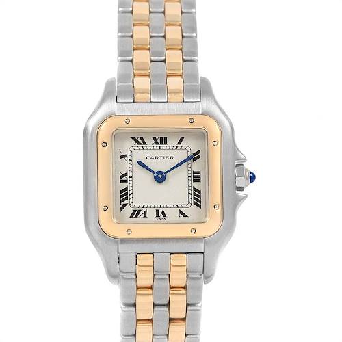 The image shows a front view of a Cartier Panthere W25029B6 Women's Stainless Steel Silver Dial W25029B6 Women's Stainless Steel Silver Dial watch, highlighting its dual-tone bracelet, square face, and blue hands.