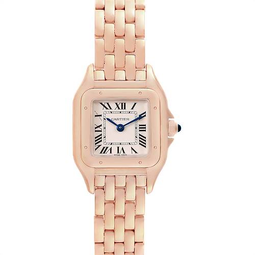 The image shows a front view of the Cartier Panthere WGPN0006 Women's Rose Gold Silver Dial WGPN0006 Women's Rose Gold Silver Dial watch, showcasing the dial, case, and part of the metal bracelet.