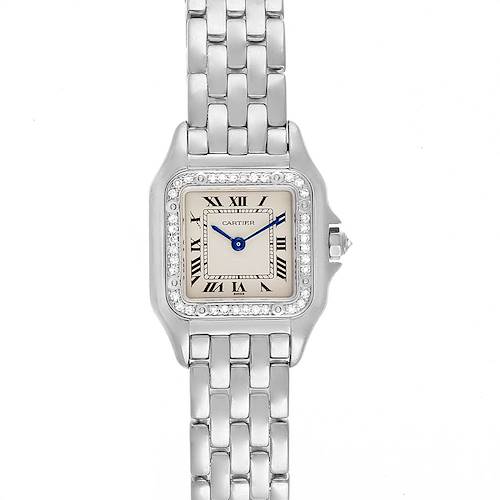 The image shows a front view of the Cartier Panthere WF3091F3 Women's White Gold Silver Dial WF3091F3 Women's White Gold Silver Dial watch, highlighting its face, bezel, crown, and bracelet.