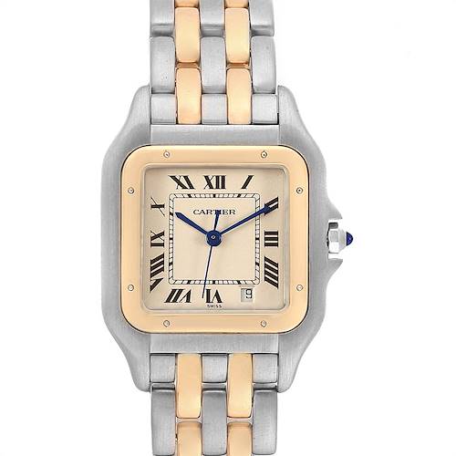 This image shows a front view of the Cartier Panthere W25028B8 Steel and Gold (two tone) Silver Dial W25028B8 Steel and Gold (two tone) Silver Dial model watch, highlighting the dial, bezel, and part of the bracelet.