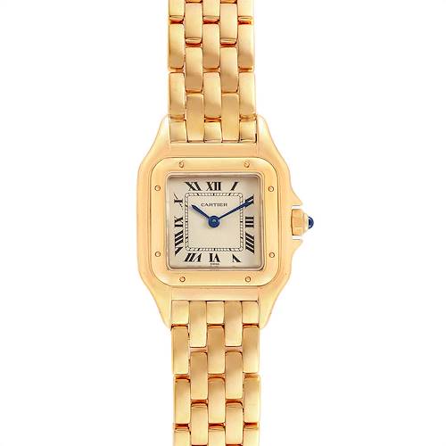 This image shows a front view of the Cartier Panthere W25022B9 Women's Yellow Gold Silver Dial W25022B9 Women's Yellow Gold Silver Dial watch, highlighting its gold bracelet, square face, and Roman numerals.