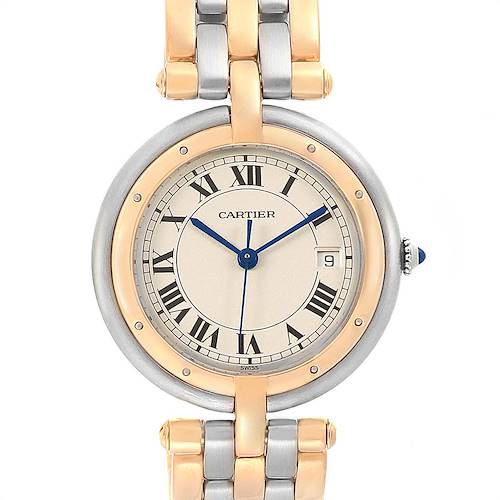 This image shows a front view of the Cartier Vendome 183964 Women's Steel and Gold (two tone) Silver Dial 183964 Women's Steel and Gold (two tone) Silver Dial model watch, highlighting the face, bezel, and part of the bracelet.