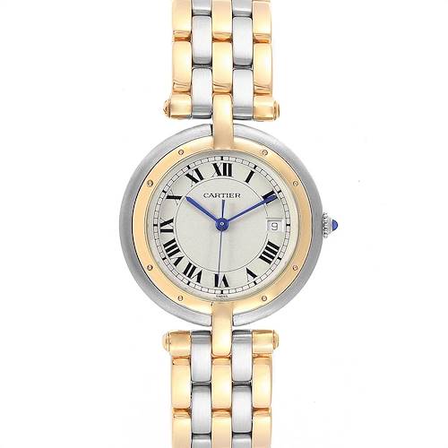 This image shows a straight-on view of a Cartier Vendome 183964 Women's Steel and Gold (two tone) Silver Dial 183964 Women's Steel and Gold (two tone) Silver Dial watch featuring a two-tone metal bracelet, gold bezel, and Roman numeral dial.