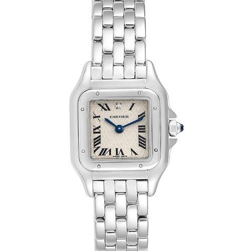 This image showcases the front view of a Cartier Panthere 1660 Women's White Gold Silver Dial 1660 Women's White Gold Silver Dial watch, highlighting its face, bezel, crown, and stainless steel bracelet.