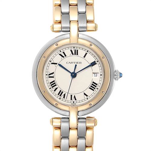This image shows a frontal view of a Cartier Vendome 183964 Women's Steel and Gold (two tone) Silver Dial 183964 Women's Steel and Gold (two tone) Silver Dial model watch, highlighting its face, Roman numerals, and metal bracelet.