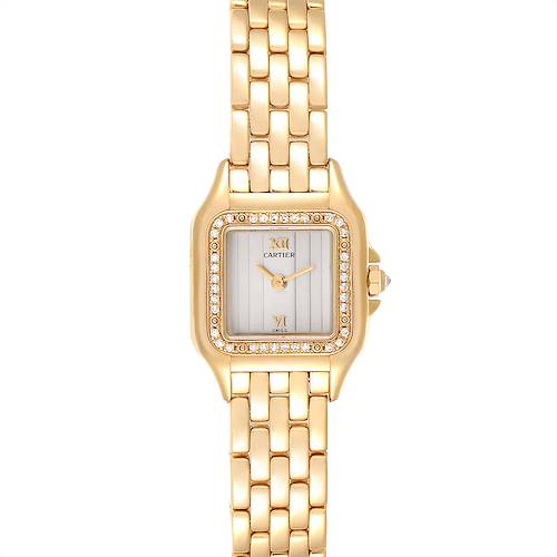 The image shows a front view of the Cartier Panthere WF3070B9 Women's Yellow Gold Silver Dial WF3070B9 Women's Yellow Gold Silver Dial watch, focusing on its face, bezel, and bracelet.