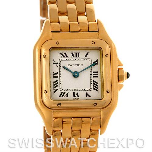 This image shows a front view of the Cartier Panthere W25022B9 Women's Yellow Gold Silver Dial W25022B9 Women's Yellow Gold Silver Dial watch, displaying its face, dial, and part of the bracelet.