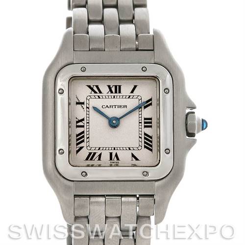This image shows a frontal view of a Cartier Panthere Women's Stainless Steel Silver Dial Women's Stainless Steel Silver Dial watch, highlighting its dial, bezel, and bracelet.