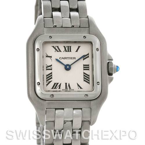 The image shows a front view of the Cartier Panthere W25033P5 Women's Stainless Steel Silver Dial W25033P5 Women's Stainless Steel Silver Dial model watch, highlighting the case, dial, hands, and part of the bracelet.