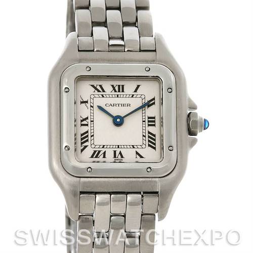The Cartier Panthere W25033P5 Women's Stainless Steel Silver Dial W25033P5 Women's Stainless Steel Silver Dial watch is shown from the front, highlighting the face, dial, and part of the metal bracelet.