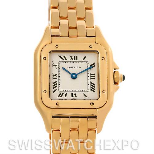 This image shows a frontal view of the Cartier Panthere W25022B9 Women's Yellow Gold Silver Dial W25022B9 Women's Yellow Gold Silver Dial watch, including the face, bezel, and part of the bracelet.