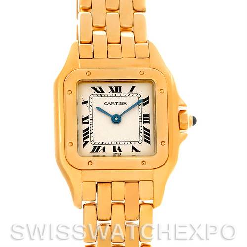 The image shows a front view of the Cartier Panthere W25022B9 Women's Yellow Gold Silver Dial W25022B9 Women's Yellow Gold Silver Dial model watch, displaying its dial, hands, bezel, and part of the bracelet.
