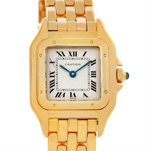 The image shows a close-up of the face and part of the bracelet of the Cartier Panthere W25022B9 Women's Yellow Gold Silver Dial W25022B9 Women's Yellow Gold Silver Dial watch.