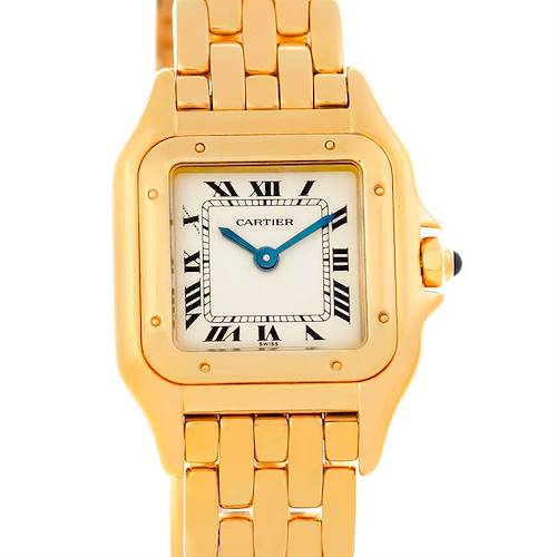 This image shows the front view of a Cartier Panthere W25022B9 Women's Yellow Gold Silver Dial W25022B9 Women's Yellow Gold Silver Dial watch, highlighting its square face, Roman numerals, blue hands, and gold bracelet.
