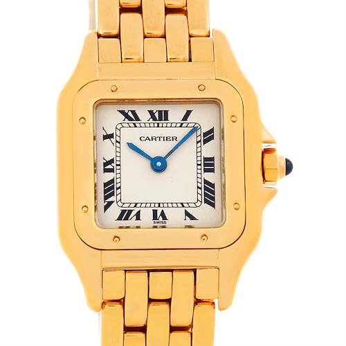 This image shows a front view of the Cartier Panthere W25022B9 Women's Yellow Gold Silver Dial W25022B9 Women's Yellow Gold Silver Dial model watch, highlighting its face, dial, and part of the bracelet.