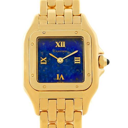 The image shows a front view of the Cartier Panthere W25022B9 Women's Yellow Gold Blue Dial W25022B9 Women's Yellow Gold Blue Dial model watch, highlighting its gold case, blue dial, Roman numerals, and gold bracelet.
