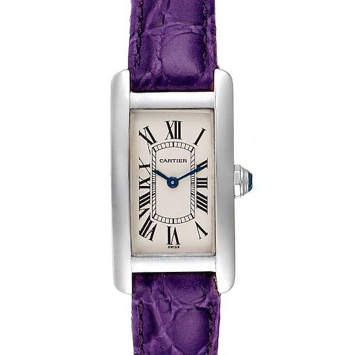 The image shows the face of the Cartier Tank Americaine W2601956 Women's White Gold Silver Dial W2601956 Women's White Gold Silver Dial watch, highlighting its rectangular dial and purple strap from a top-down view.