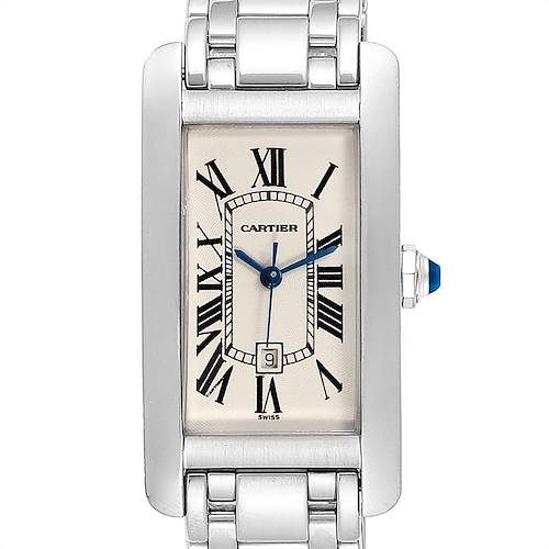 The image shows a Cartier Tank Americaine 1726 Women's White Gold Silver Dial 1726 Women's White Gold Silver Dial watch from a front angle, featuring the entire face, bezel, and a portion of the bracelet.