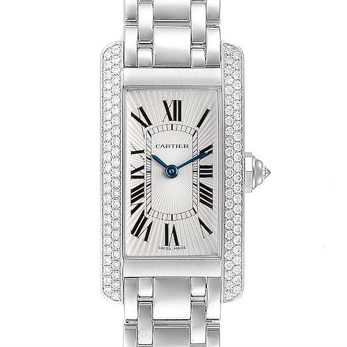 This image shows a front view of the Cartier Tank Americaine WB7018L1 Women's White Gold Silver Dial WB7018L1 Women's White Gold Silver Dial watch, displaying the face, bezel, and a portion of the strap.