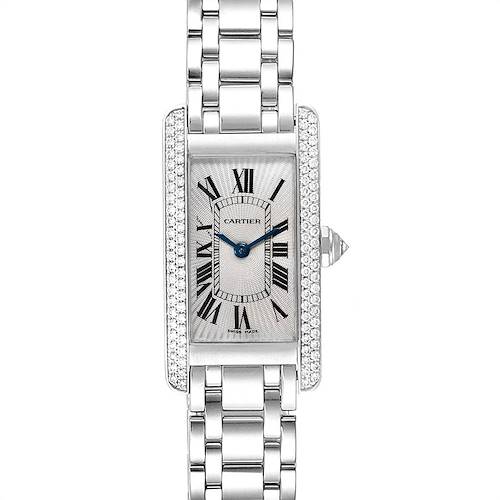 This is a top-down view of the Cartier Tank Americaine WB7018L1 Women's White Gold Silver Dial WB7018L1 Women's White Gold Silver Dial watch, showing the face, bracelet, and bejeweled case.