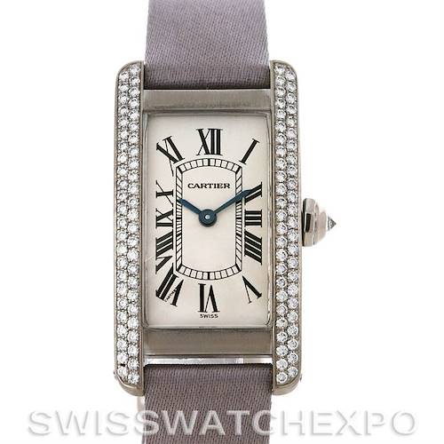 This image shows a front view of a Cartier Tank Américaine watch, displaying its face, dial, and bejeweled bezel.