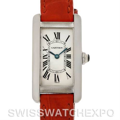 The image shows a front view of a Cartier Tank Américaine watch with a rectangular dial and red leather strap.