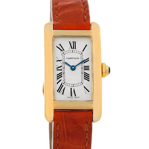 This image shows a Cartier Tank Américaine watch front view, featuring its rectangular face, Roman numerals, and brown strap.