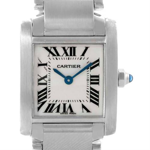 The image shows a Cartier Tank Française watch from a front angle, highlighting its face, Roman numerals, and blue hands.
