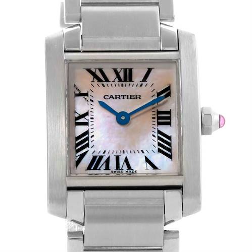 The image shows a front view of a Cartier Tank Francaise W51028Q3 Women's Stainless Steel Mother of Pearl Dial W51028Q3 Women's Stainless Steel Mother of Pearl Dial watch, highlighting its dial, Roman numeral markers, and metal bracelet.
