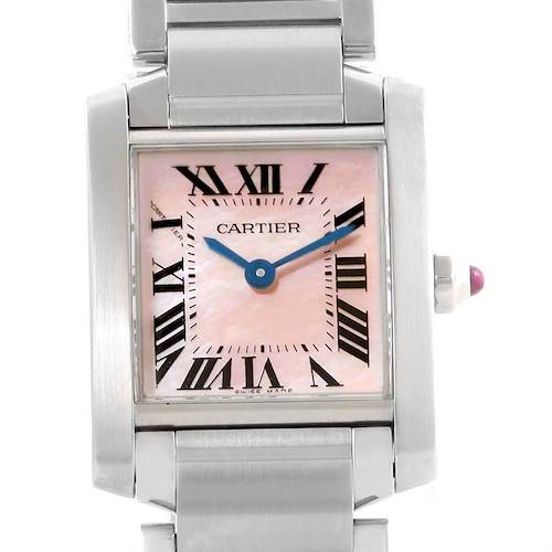 The image shows a close-up, front view of the Cartier Tank Francaise W51028Q3 Women's Stainless Steel Mother of Pearl Dial W51028Q3 Women's Stainless Steel Mother of Pearl Dial watch, highlighting the face, hands, and part of the bracelet.
