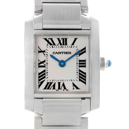 The image shows a close-up, front view of a Cartier Tank Francaise W51008Q3 Women's Stainless Steel Silver Dial W51008Q3 Women's Stainless Steel Silver Dial watch, displaying the dial, case, and part of the bracelet.
