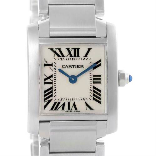This is a front view of the Cartier Tank Francaise W51008Q3 Women's Stainless Steel Silver Dial W51008Q3 Women's Stainless Steel Silver Dial watch, showing the face, hands, and part of the bracelet.