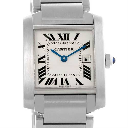 This image shows the front view of a Cartier Tank Francaise W51011Q3 Women's Stainless Steel White Dial W51011Q3 Women's Stainless Steel White Dial watch, highlighting its dial, hands, date display, and bracelet.